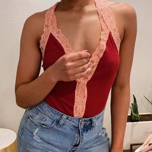 Pink Lace and Red Bodysuit